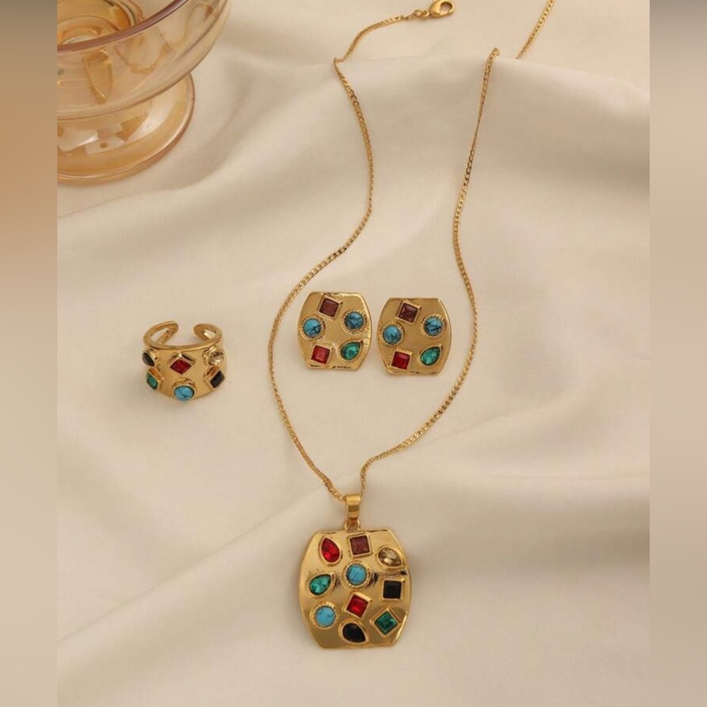 Colorful Gemstone Jewelry Set – Earrings, Ring & Necklace